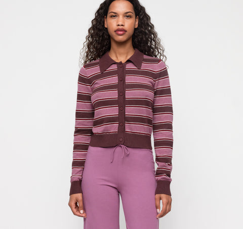 True Knit Fluffy Polo Cardigan - Sugar Plum Stripe / XXS